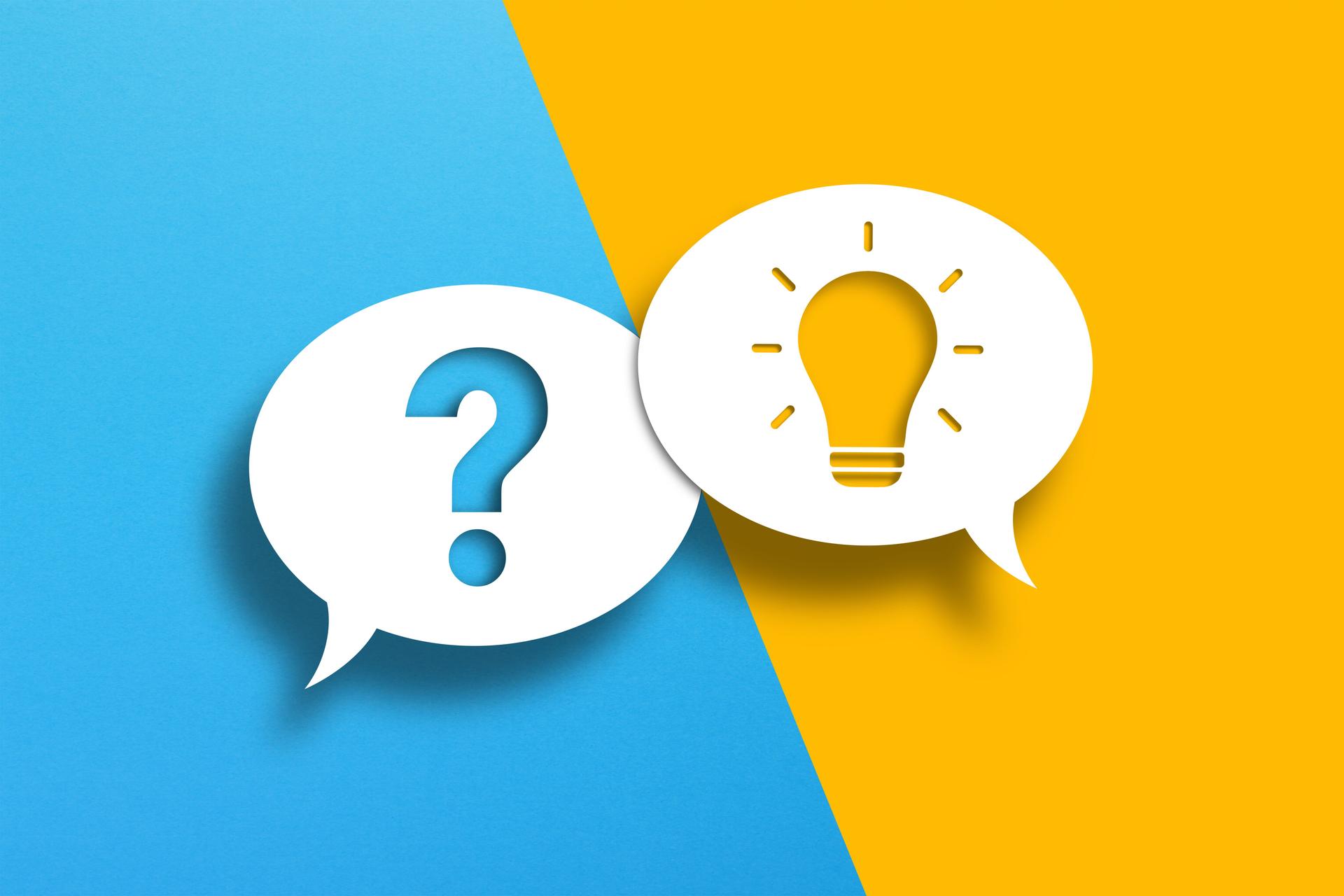 Creative idea or problem solving concept. Light bulb and question mark on speech bubbles.