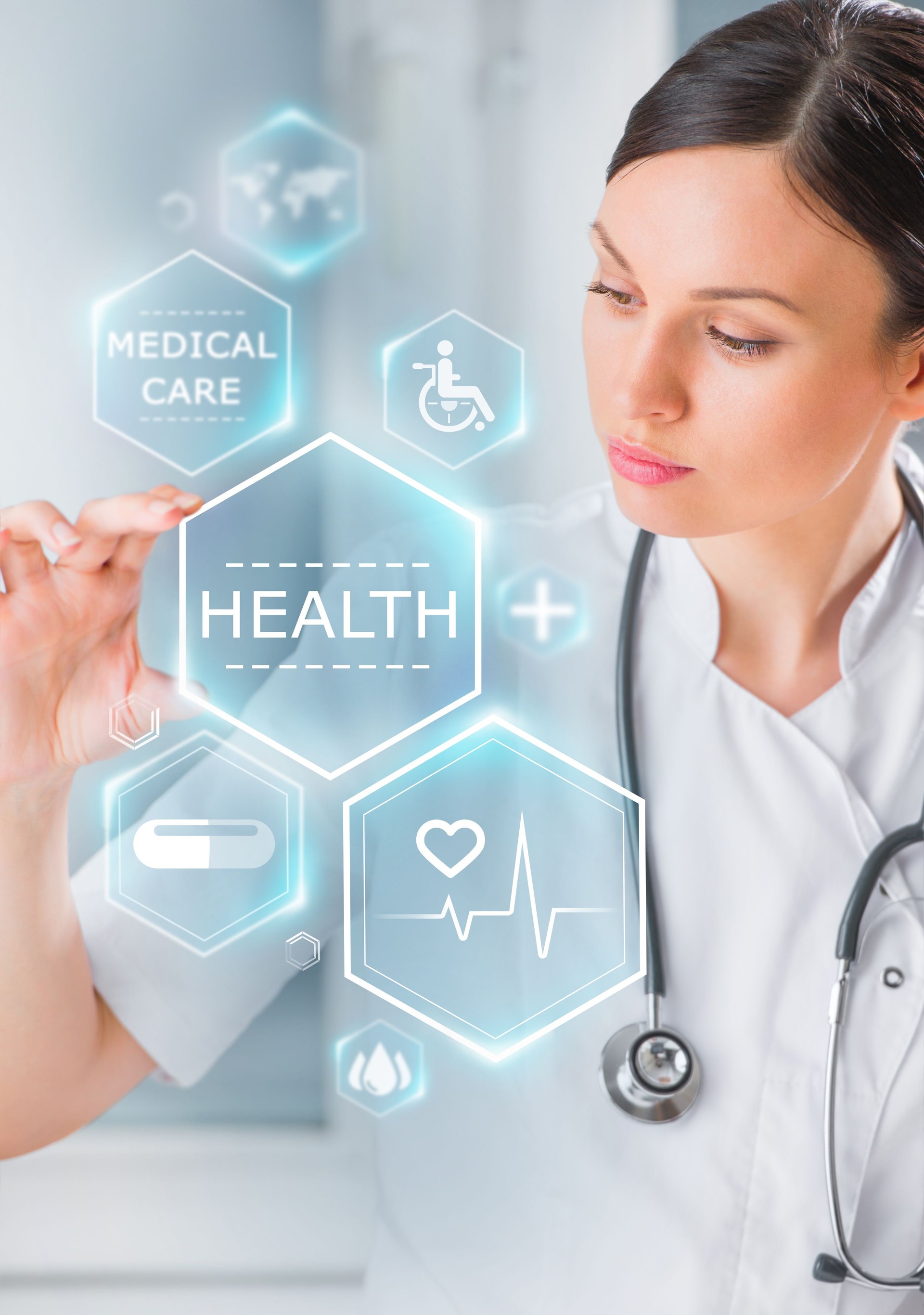Female medical doctor working with healthcare icons