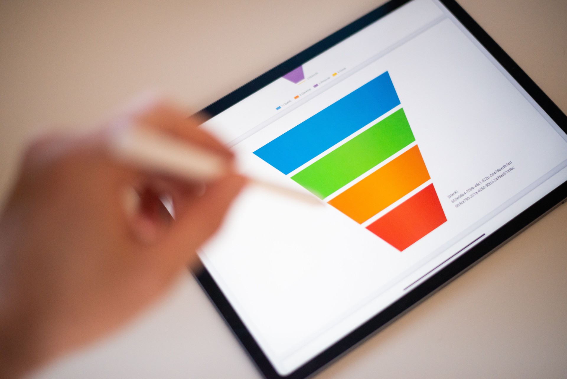 Sales marketing funnel showed on a tablet screen by a young marketer, sales manager pointing data with his pen.