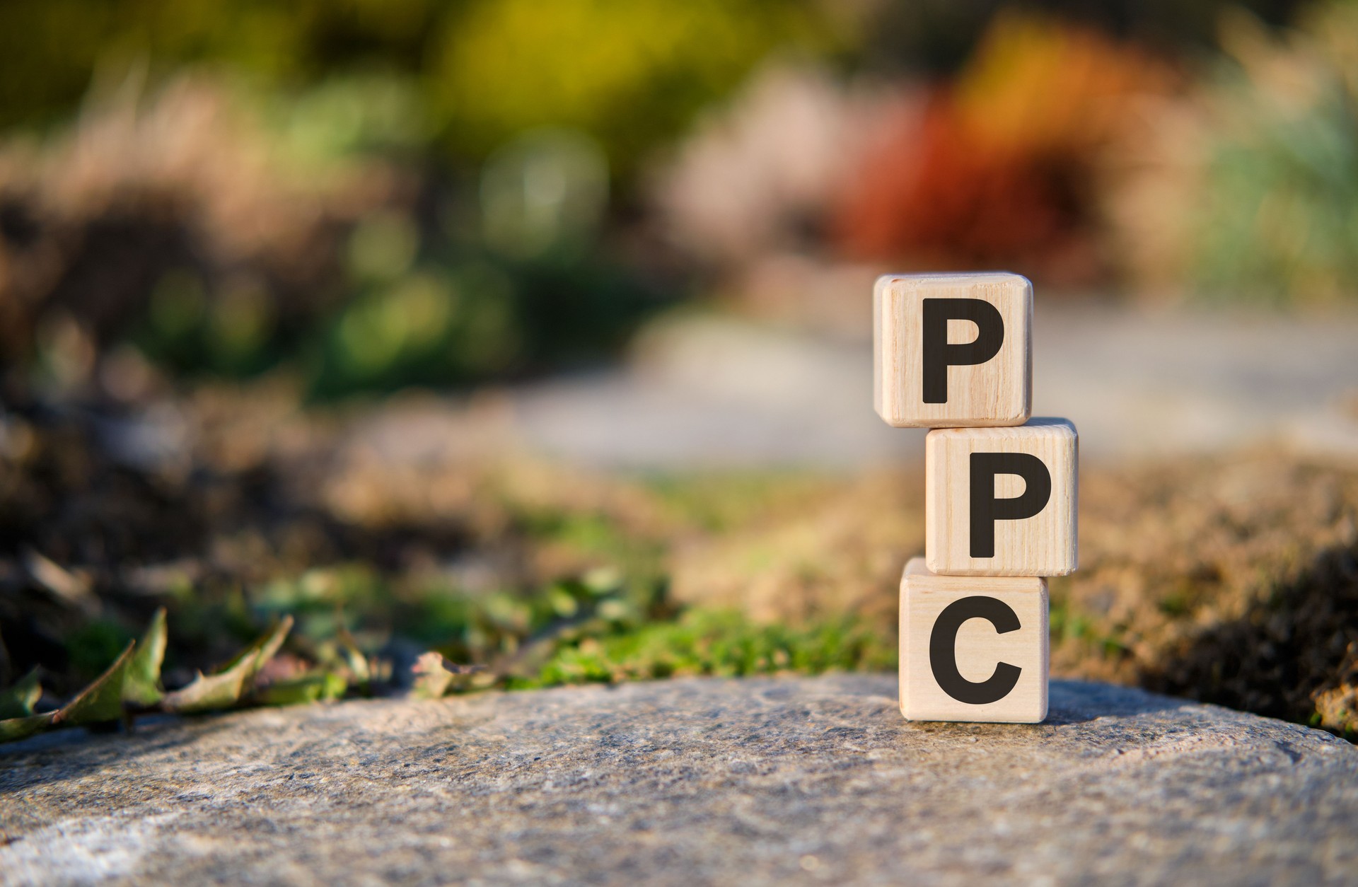 PPC - text on cubes standing on a stone on a natural background